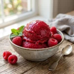 Delicious bowl of homemade raspberry sorbet served in a colorful dish