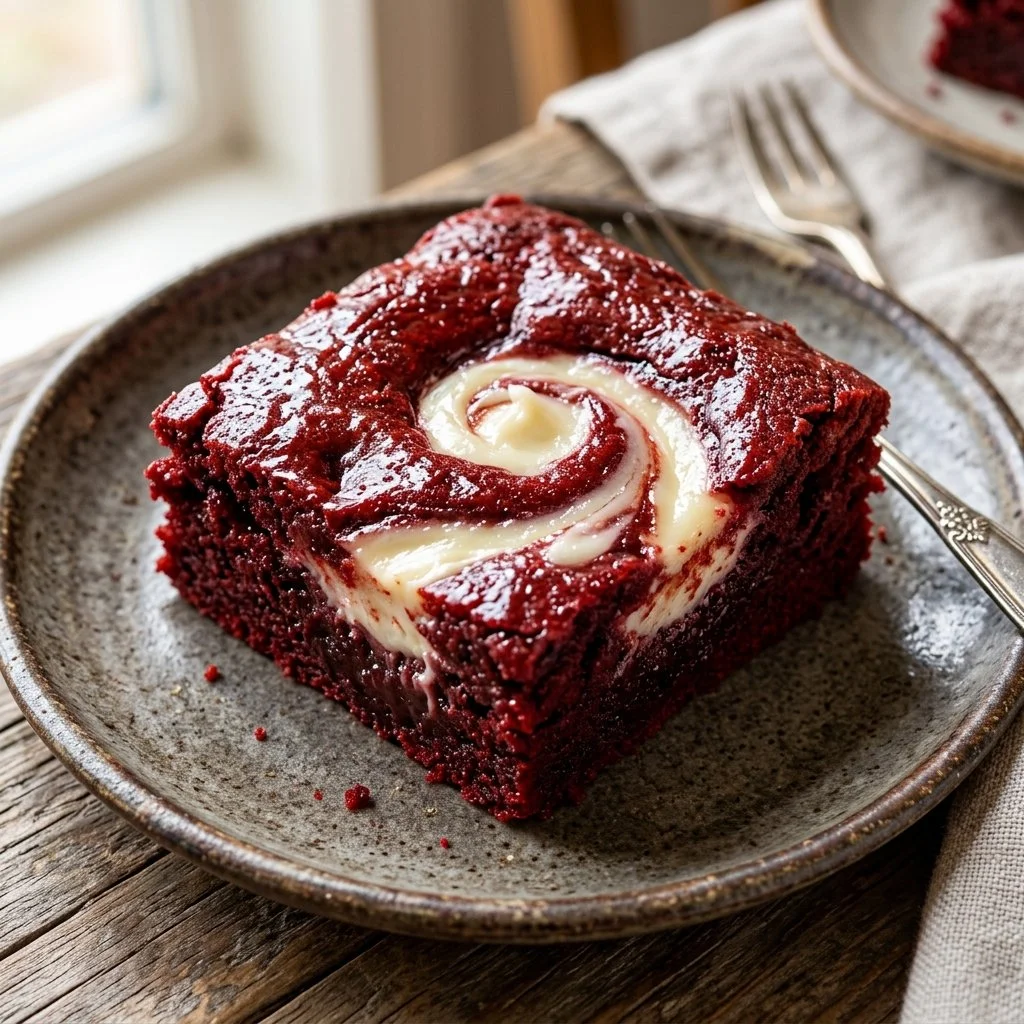 Delicious red velvet brownies with cream cheese frosting on a plate.