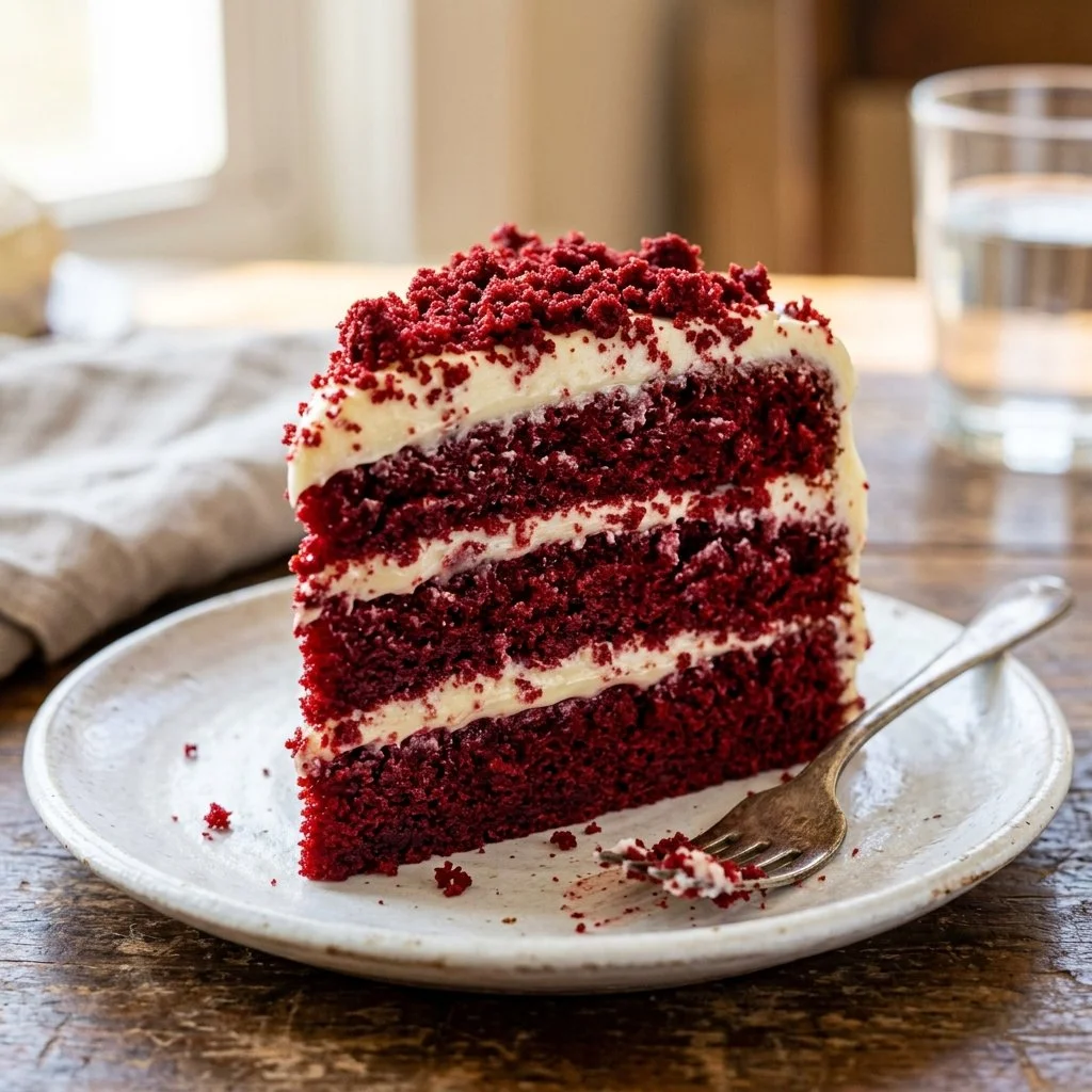 Delicious slice of Red Velvet Cake with cream cheese frosting on a white plate