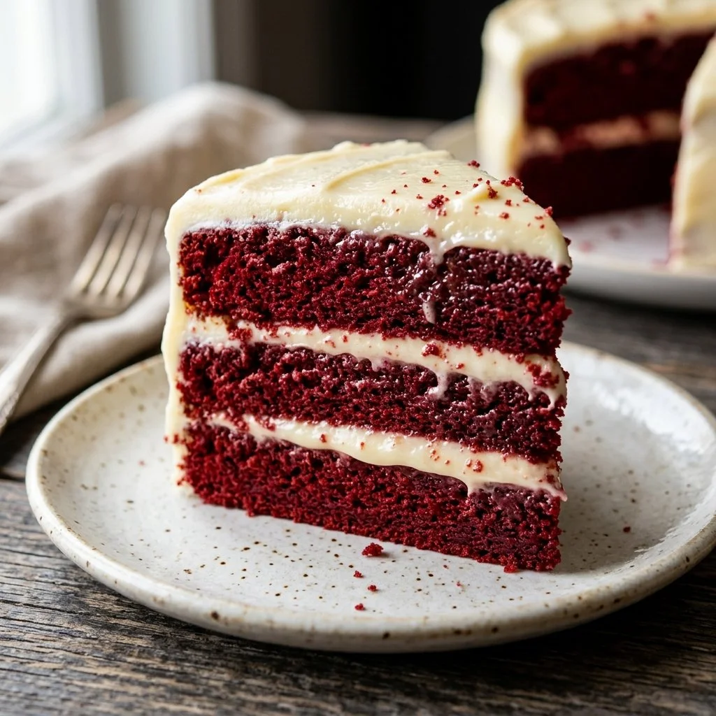 Delicious red velvet cake with cream cheese frosting and decorative toppings