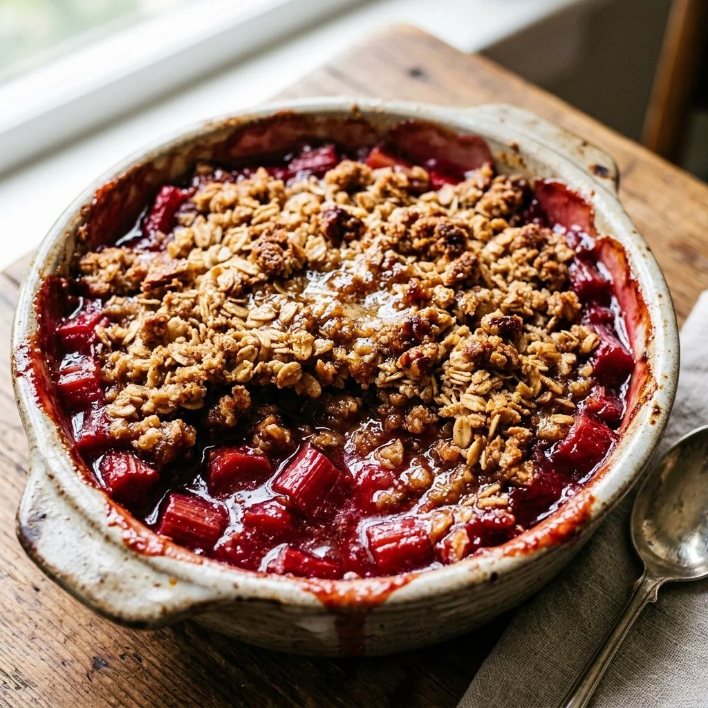 Delicious rhubarb crisp dessert with crunchy topping and fresh rhubarb