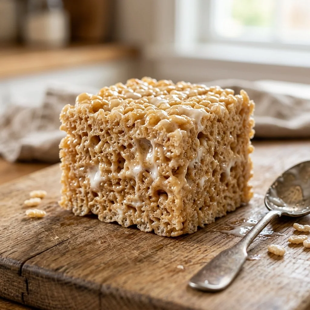 Deliciously chewy homemade Rice Krispie Treats stacked on a plate.