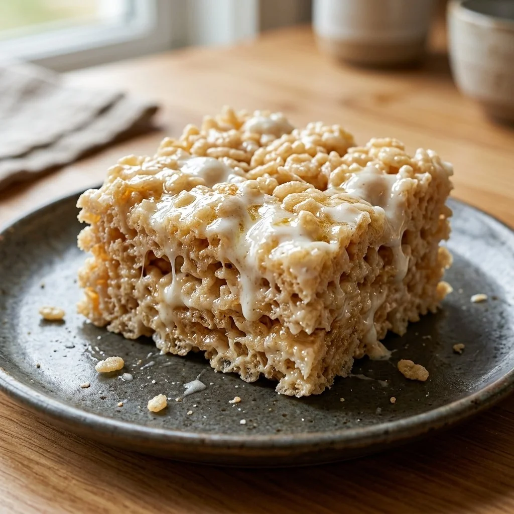 Homemade Rice Krispie Treats on a plate, a chewy and sweet snack.