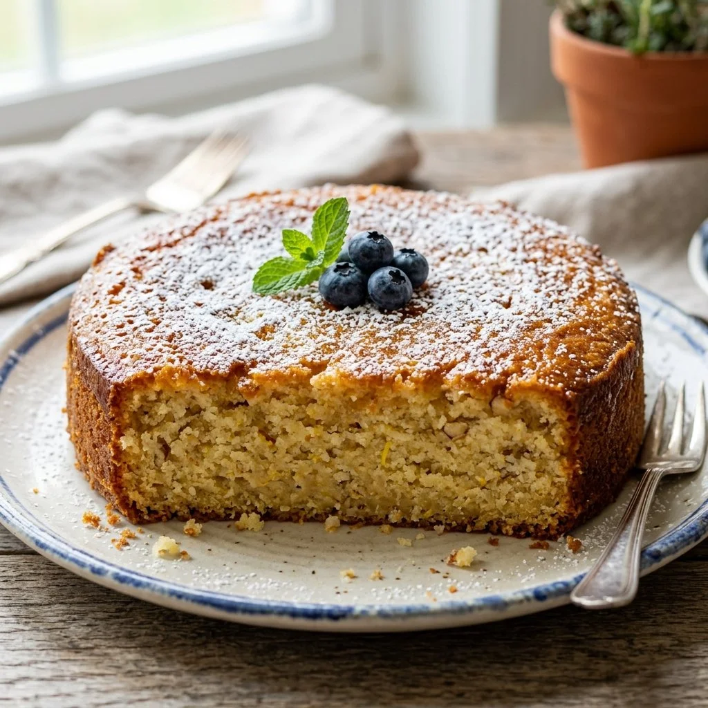 Delicious homemade Ricotta Cake served on a plate with fresh berries