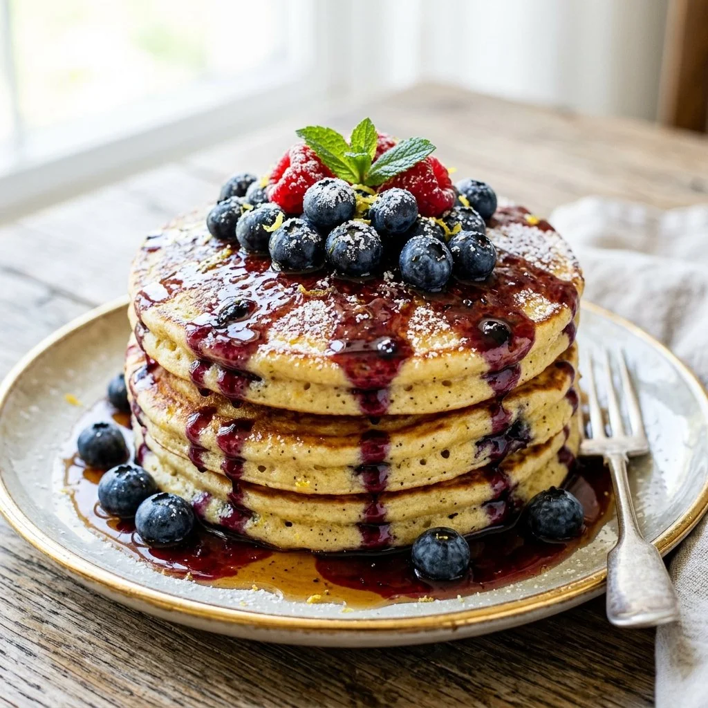 Delicious homemade ricotta pancakes served with syrup and berries