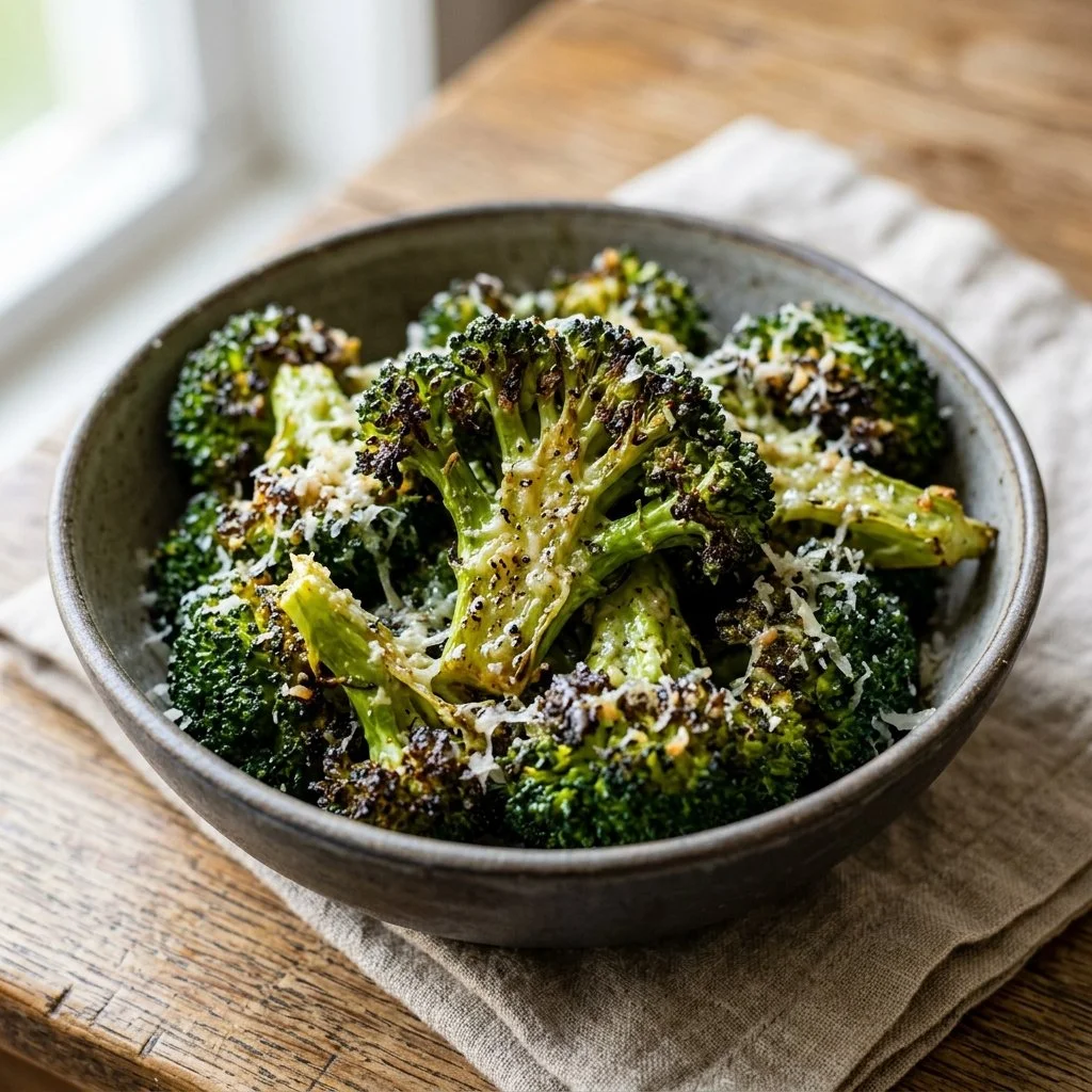 Delicious roasted broccoli topped with parmesan cheese