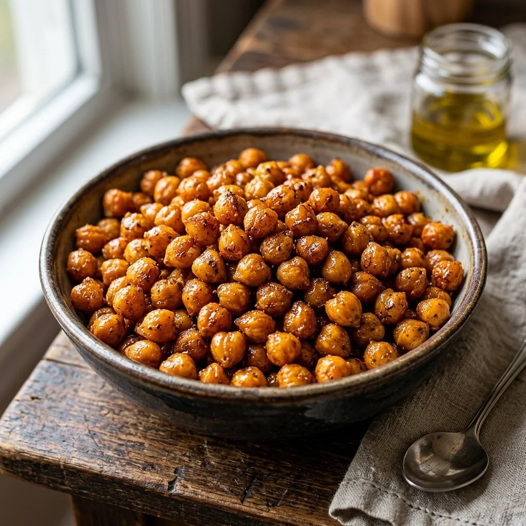 Bowl of crunchy roasted chickpeas seasoned with spices