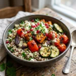 Roasted vegetable quinoa bowl with vibrant vegetables and herbs