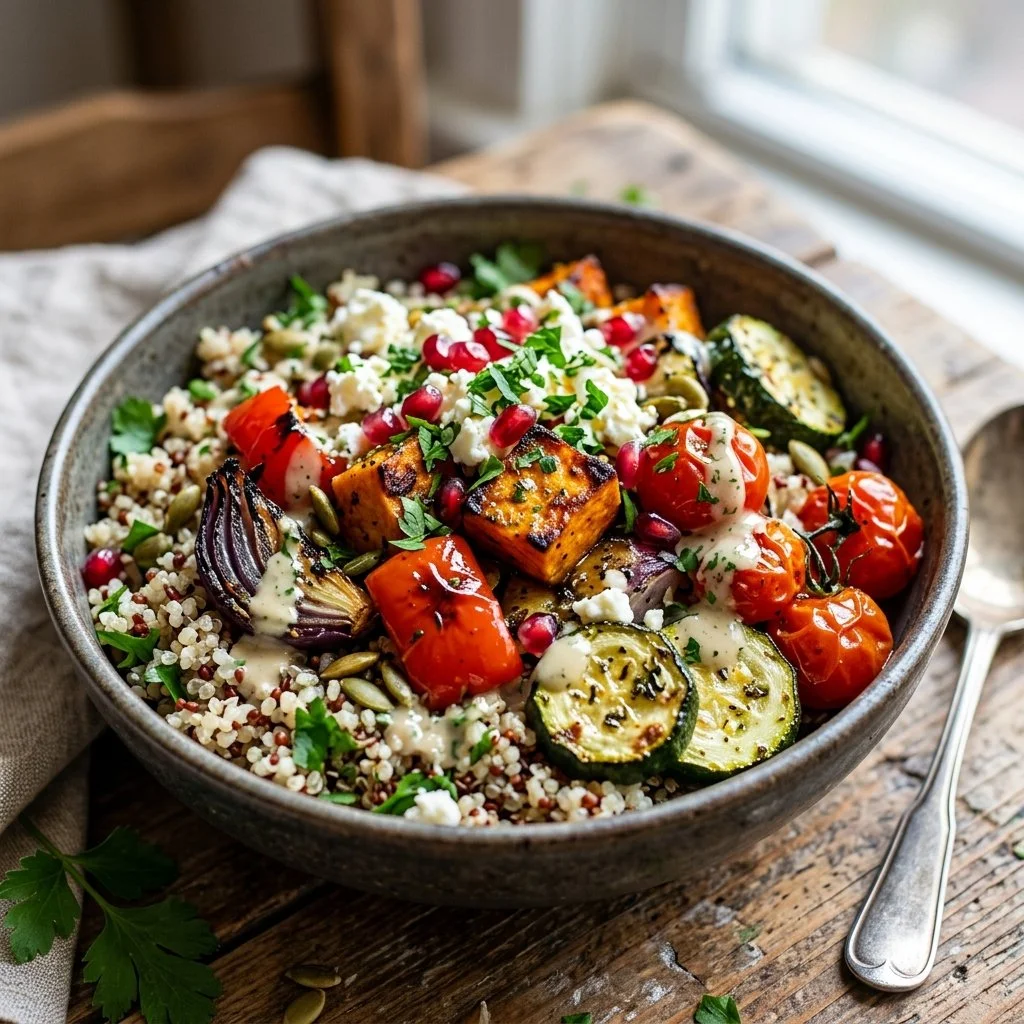 Roasted vegetable quinoa bowl with vibrant vegetables and herbs