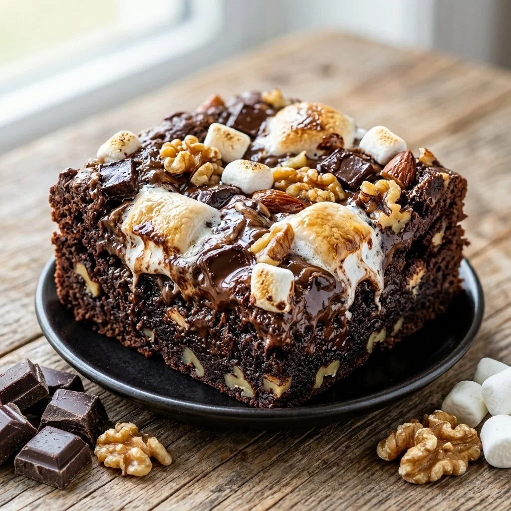 Delicious plate of Rocky Road Brownies topped with marshmallows and nuts