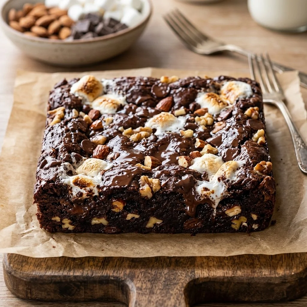 Deliciously fudgy Rocky Road Brownies topped with nuts and marshmallows