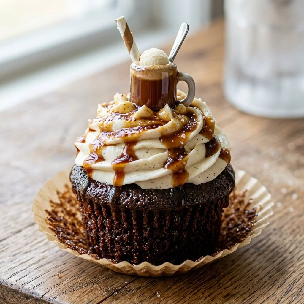 Delicious root beer float cupcakes topped with whipped cream and cherries.