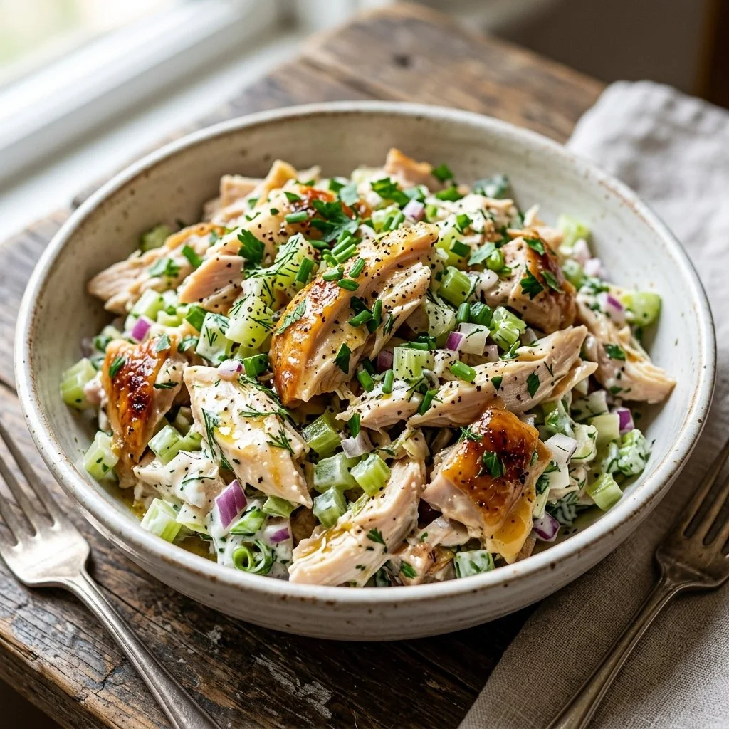 Delicious bowl of rotisserie chicken salad with fresh ingredients
