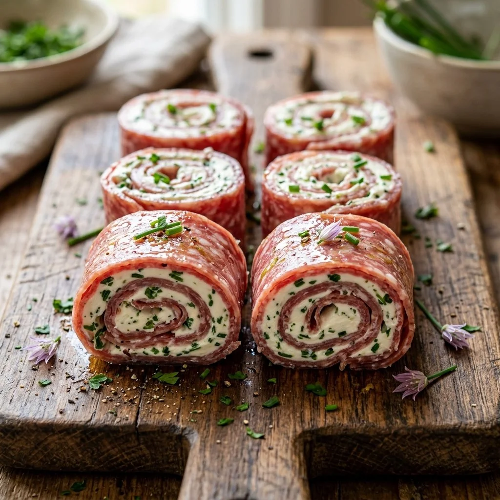 Salami cream cheese roll ups served on a platter