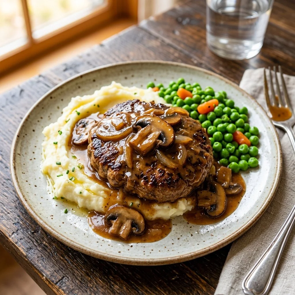 Delicious homemade Salisbury steak served with gravy and mashed potatoes.