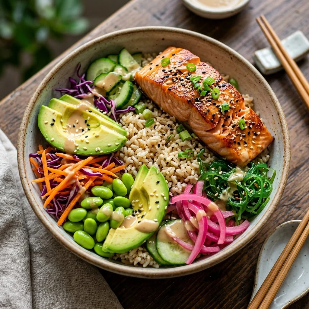 Colorful Salmon Buddha Bowl with fresh vegetables and grains