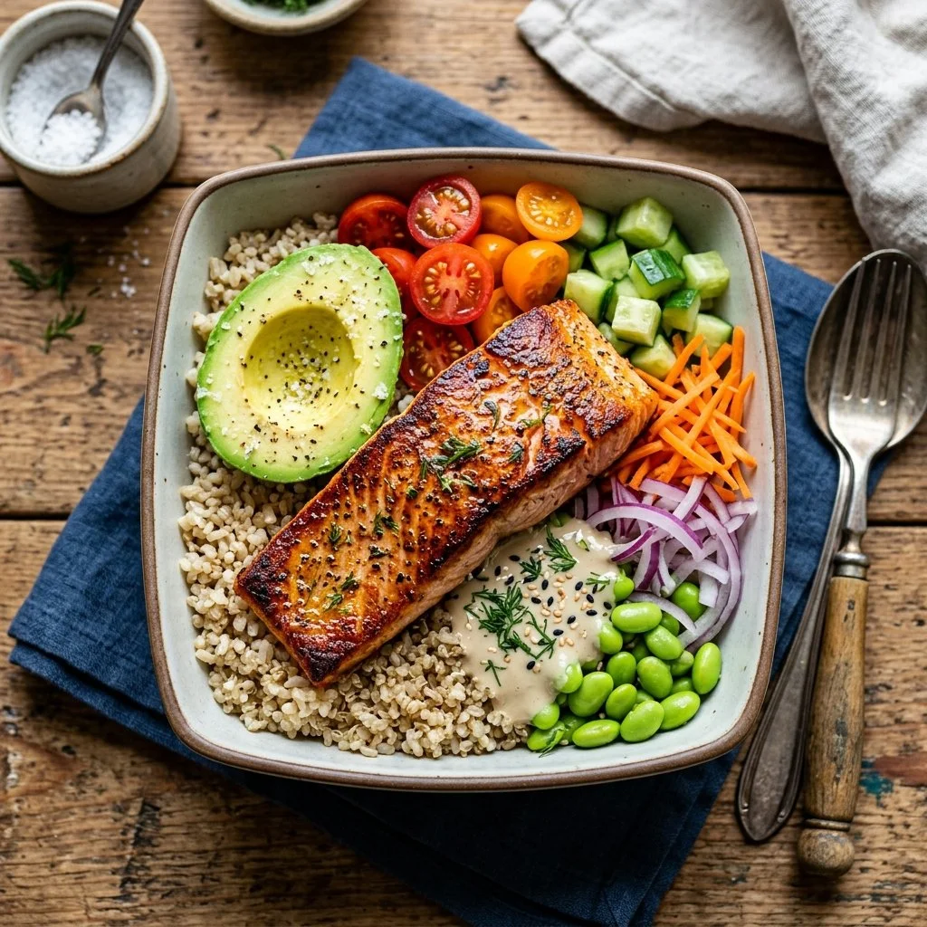 Healthy salmon grain bowls with fresh vegetables and grains