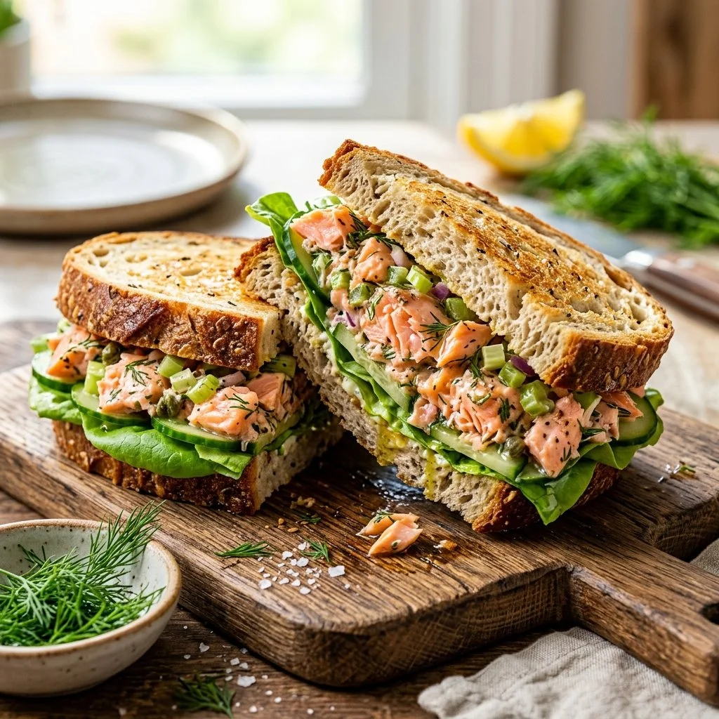 Delicious salmon salad sandwiches with fresh ingredients and herbs