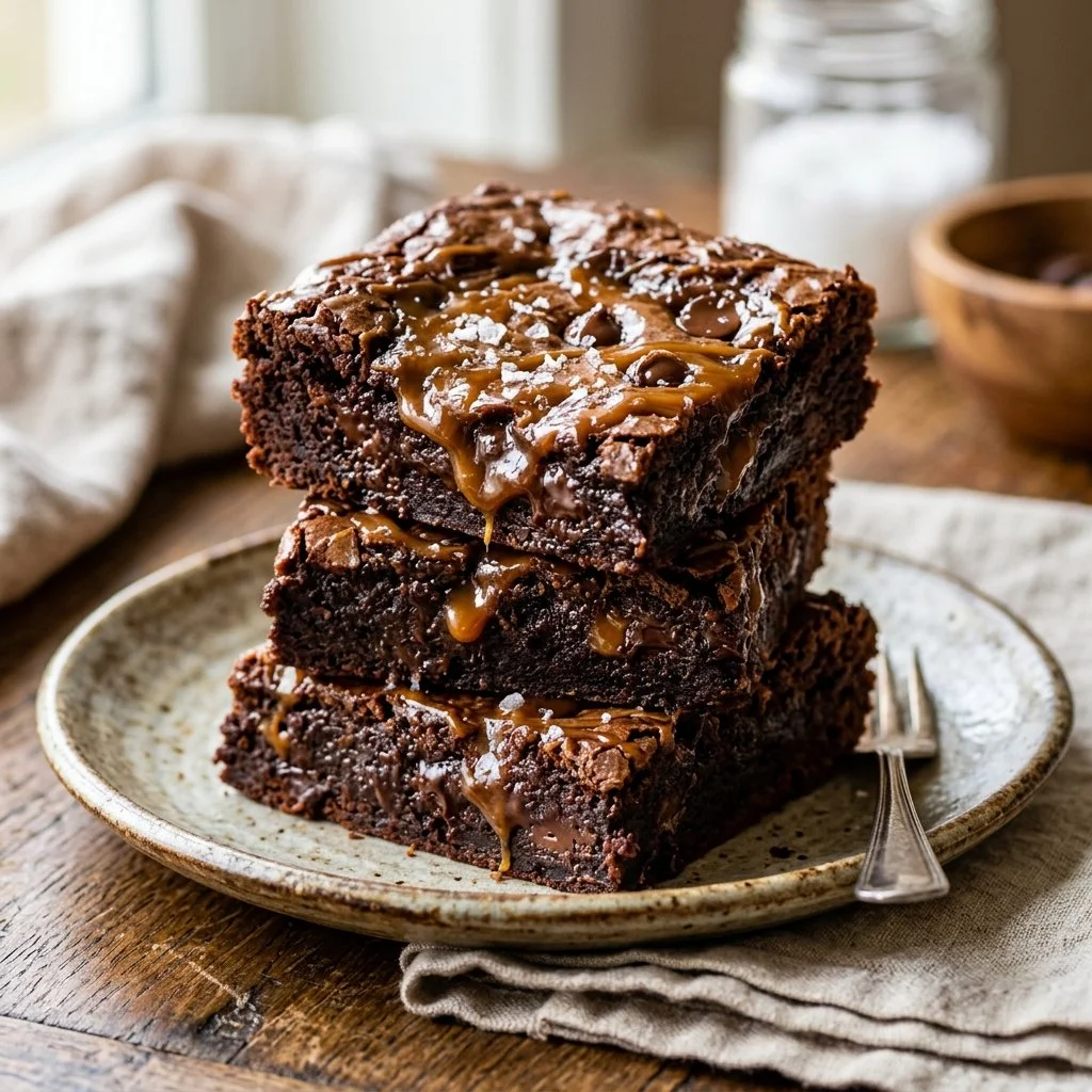 Delicious salted caramel brownies drizzled with caramel sauce and topped with sea salt.