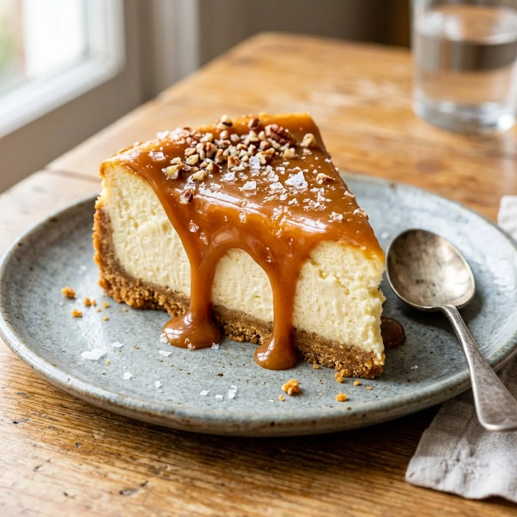 Delicious Salted Caramel Cheesecake topped with a drizzle of caramel sauce.