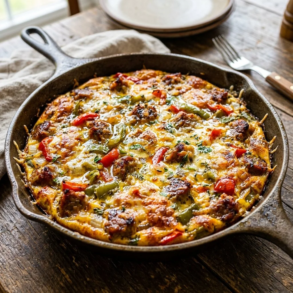 Sausage and Pepper Frittata served on a plate with garnishes
