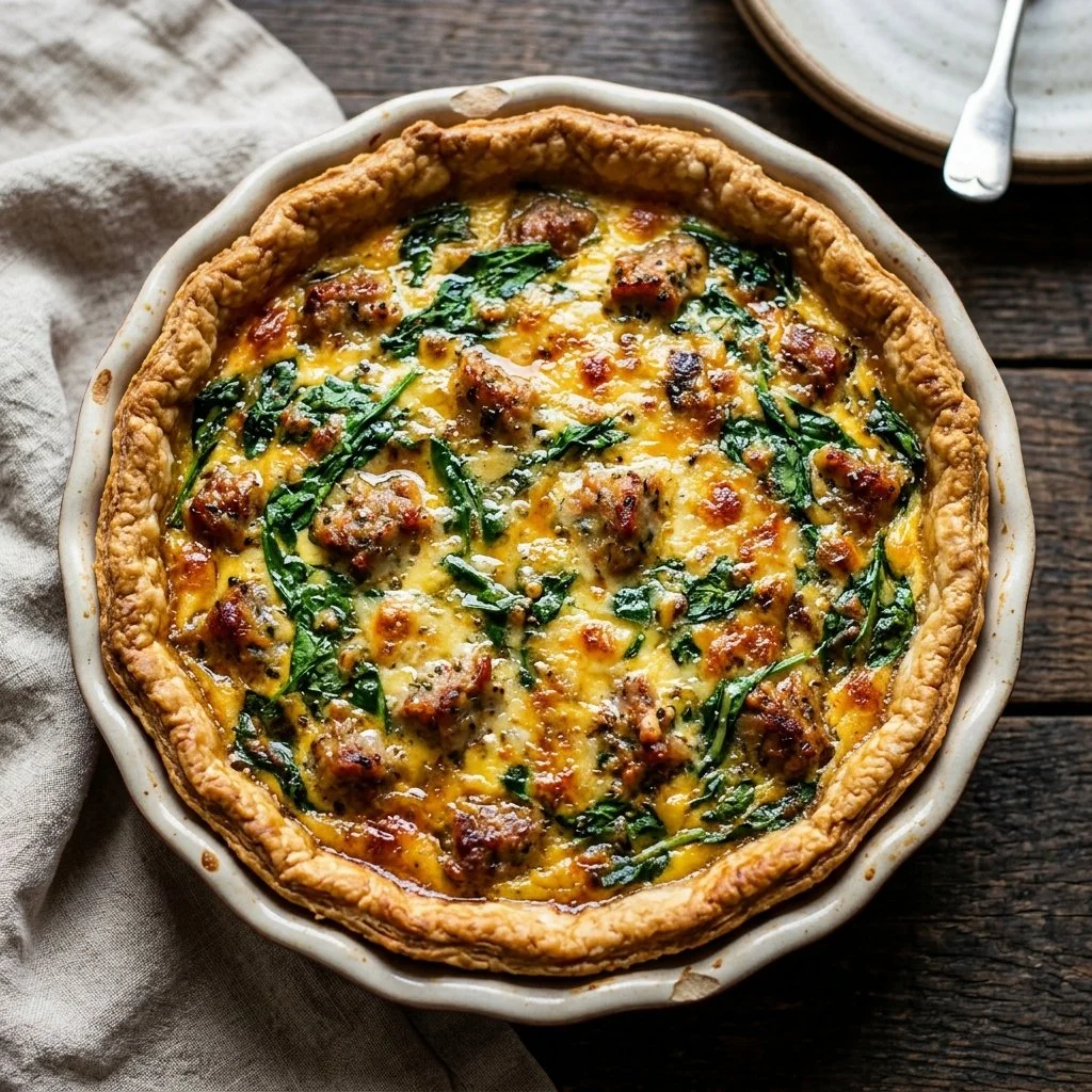 Sausage Spinach Quiche with a golden crust and vibrant filling