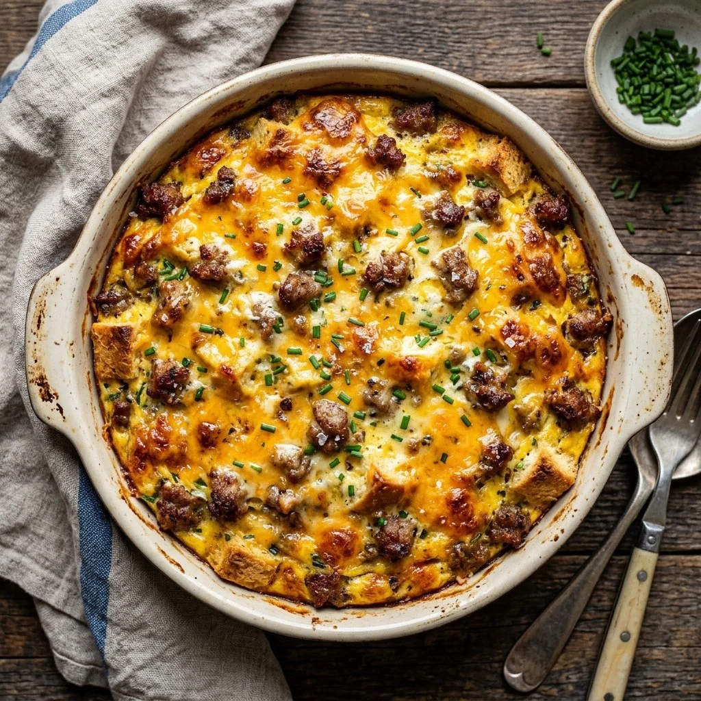 Delicious Sausage Egg Casserole served with fresh herbs and cheese