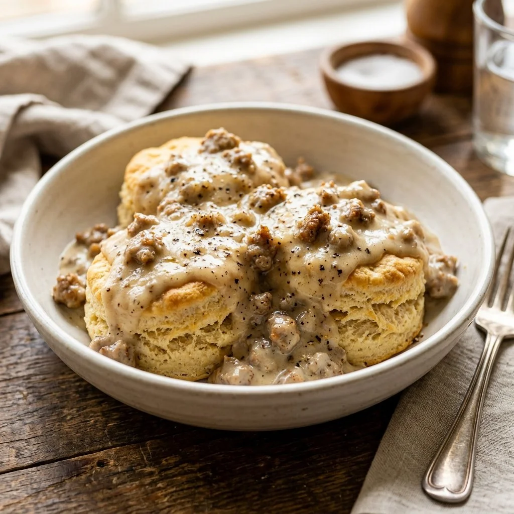 Delicious homemade sausage gravy served over warm biscuits for breakfast
