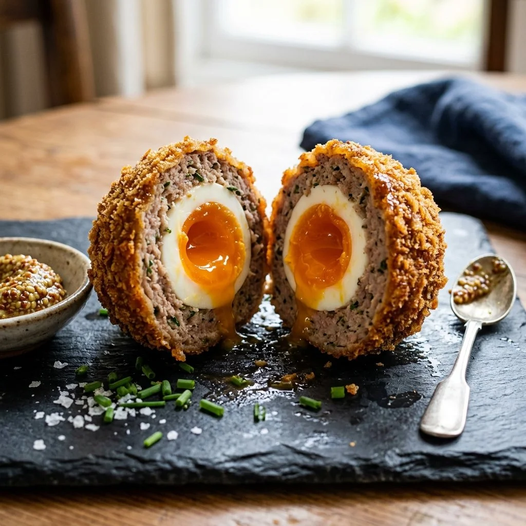 Golden brown Scotch Eggs with crispy breadcrumbs and soft-boiled center
