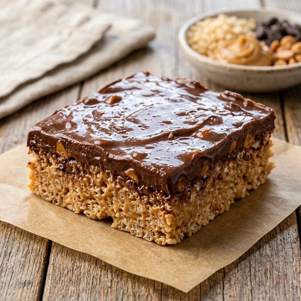 Homemade Scotcheroos with chocolate and peanut butter topping
