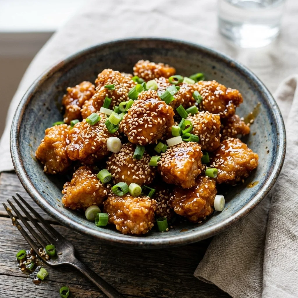 Delicious sesame chicken served with vegetables