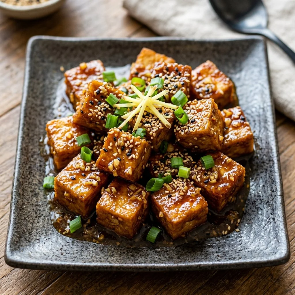 Delicious plate of Sesame Ginger Tofu garnished with sesame seeds and green onions