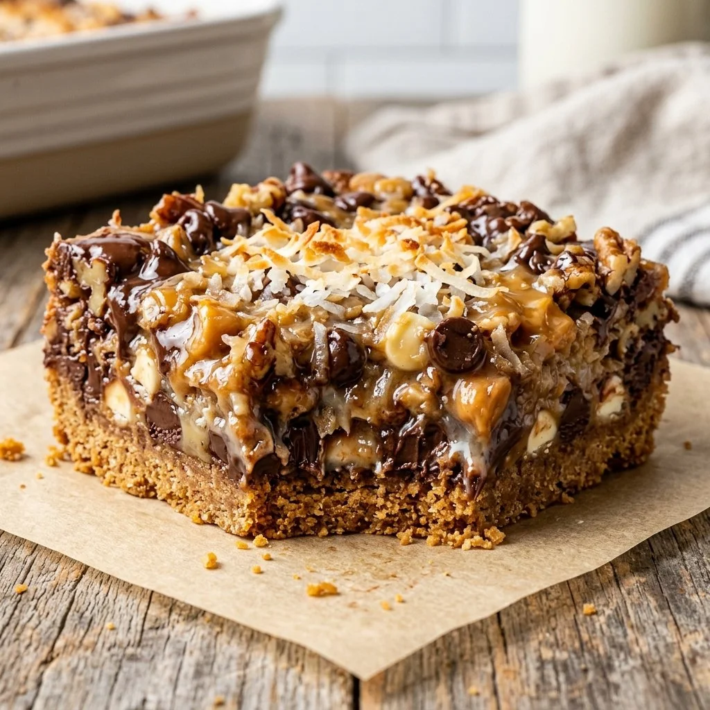 Delicious Seven Layer Bars with layers of chocolate and coconut