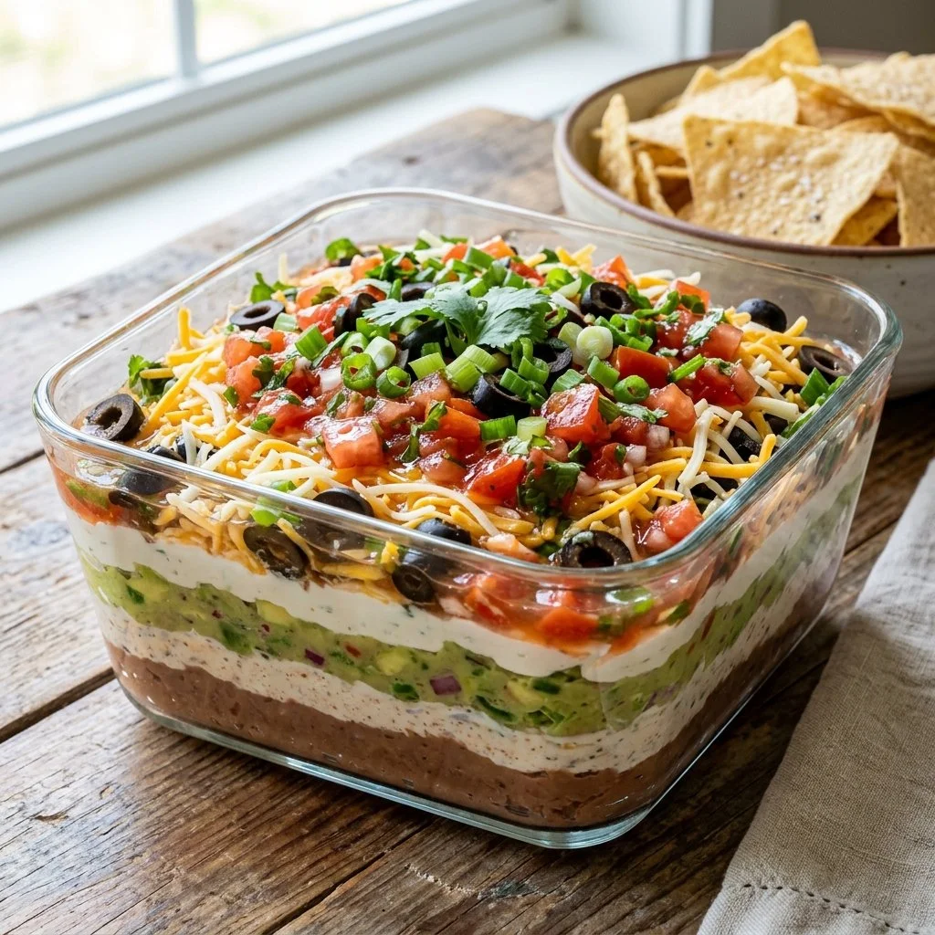 Delicious Seven Layer Dip served in a colorful dish, perfect for parties.