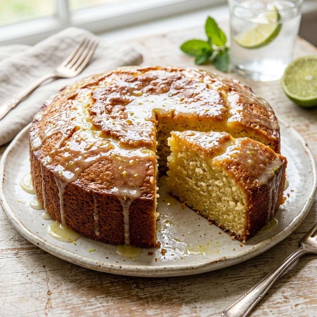 Delicious and moist Seven Up Cake served on a plate with a slice cut out