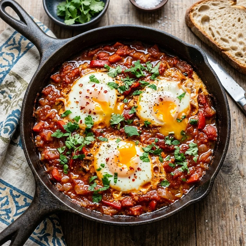 Plate of Shakshuka with poached eggs and fresh herbs