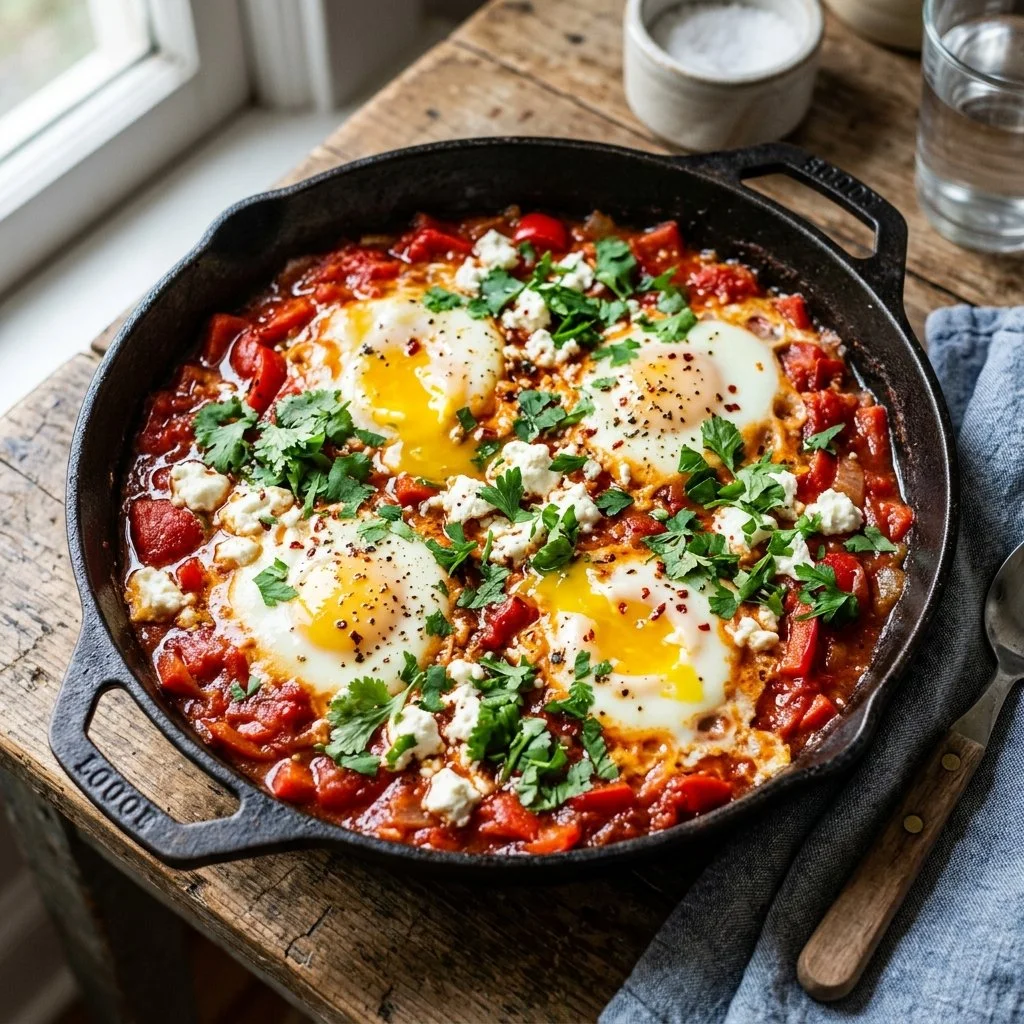 Delicious Shakshuka with feta served in a skillet, topped with fresh herbs.