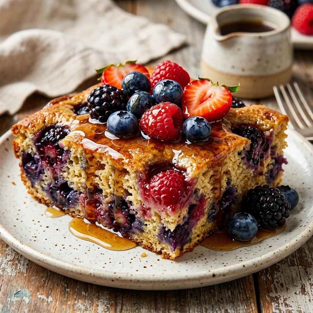 Delicious sheet pan berry pancakes topped with fresh berries and syrup.