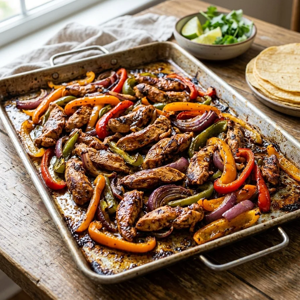 Delicious sheet pan chicken fajitas with colorful peppers and onions