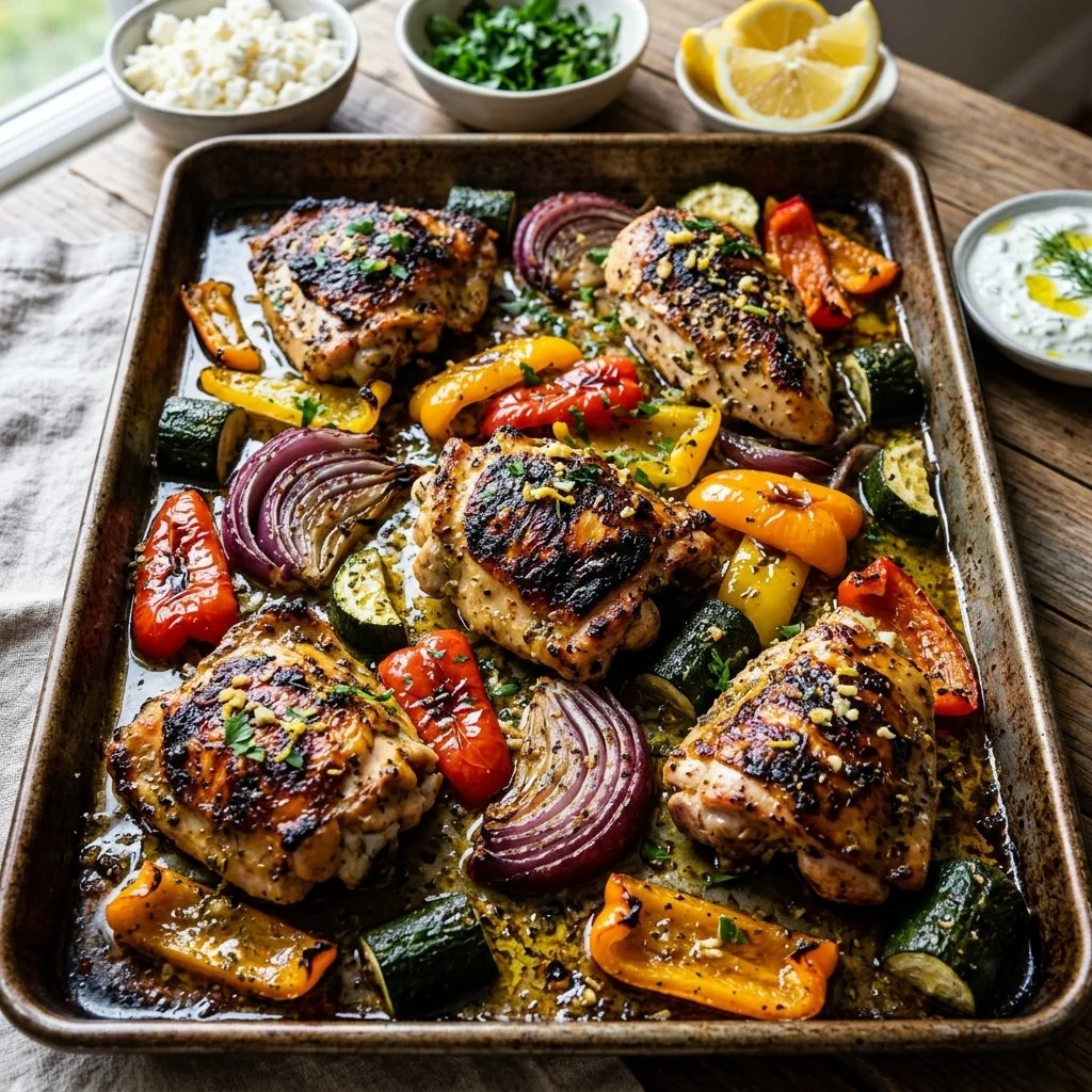 Delicious sheet pan chicken souvlaki with colorful vegetables ready to serve.