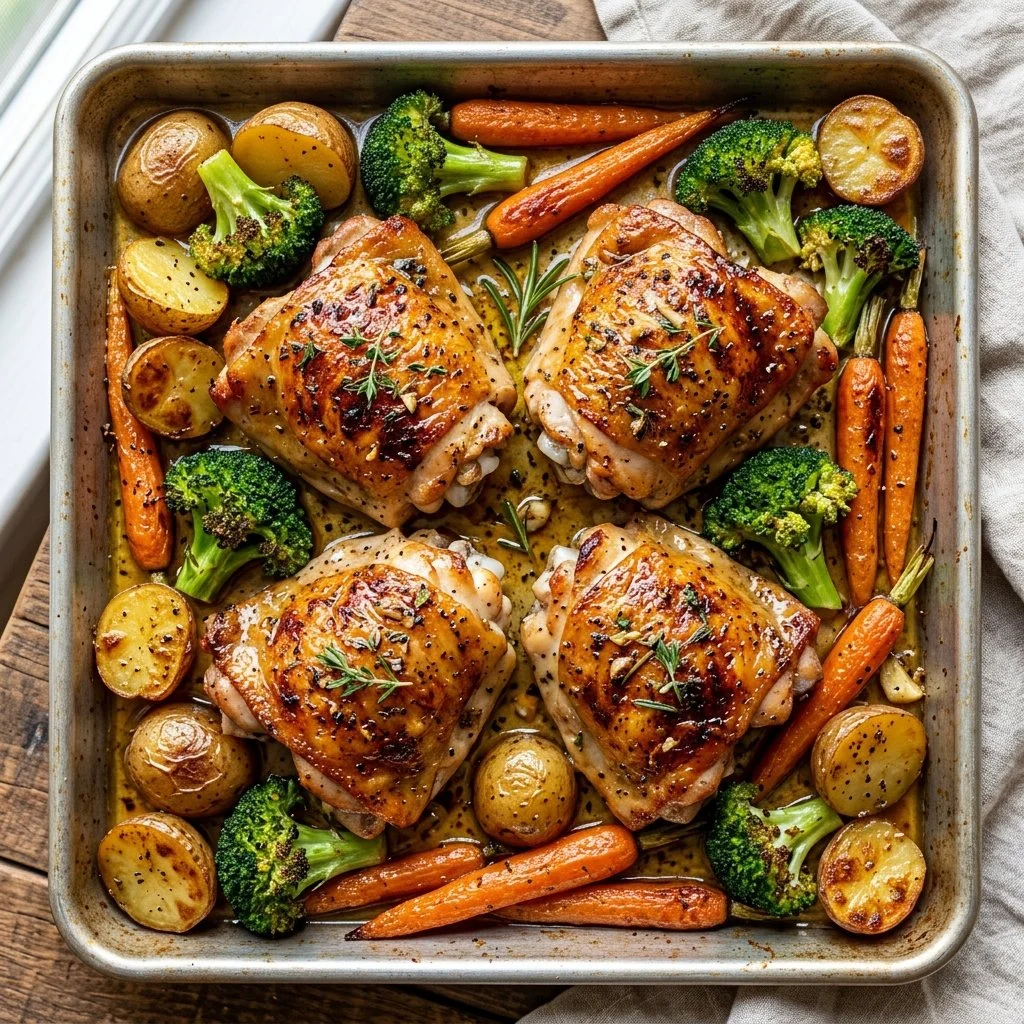 Sheet pan chicken thighs with vegetables for an easy weeknight meal