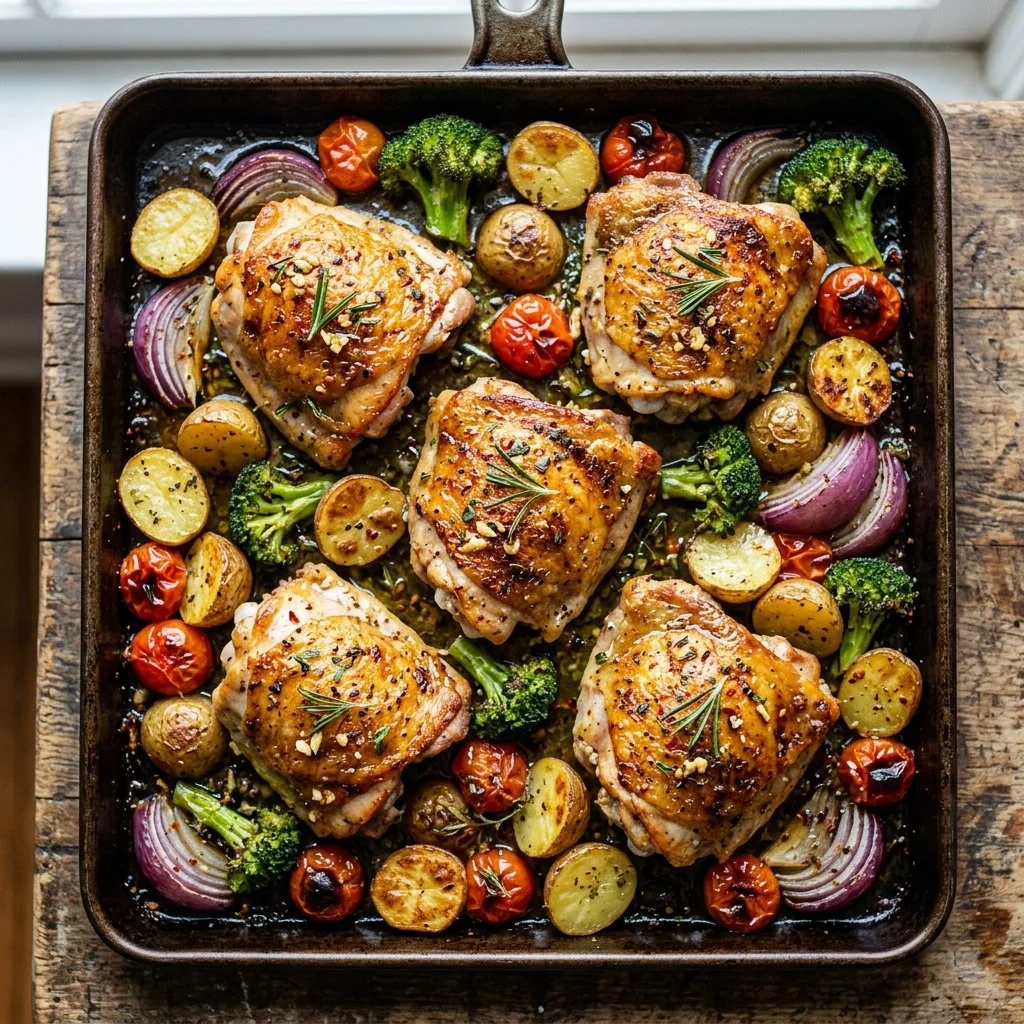 Sheet pan with roasted chicken thighs and vegetables for a quick dinner