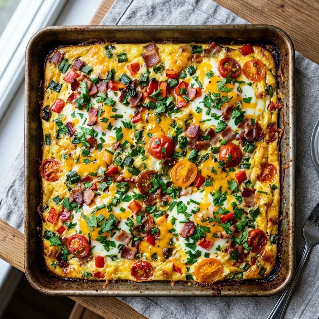 Delicious sheet pan eggs ready to serve for breakfast or brunch