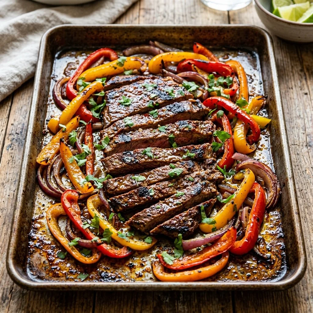 Colorful sheet pan fajitas with bell peppers and chicken, ready to serve