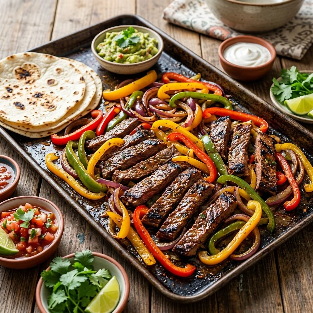 Delicious Sheet Pan Fajitas with colorful peppers and grilled chicken.