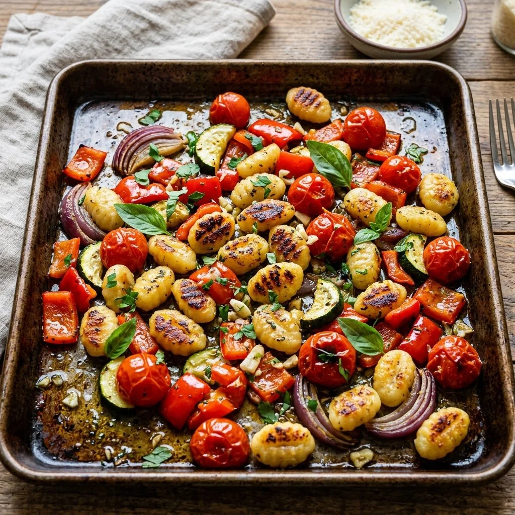 Delicious Sheet Pan Gnocchi served with vegetables and herbs