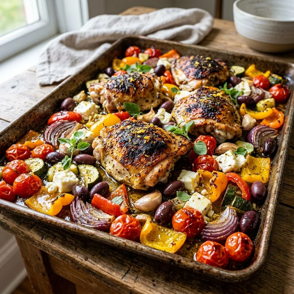Delicious Sheet Pan Greek Chicken with vegetables ready to serve