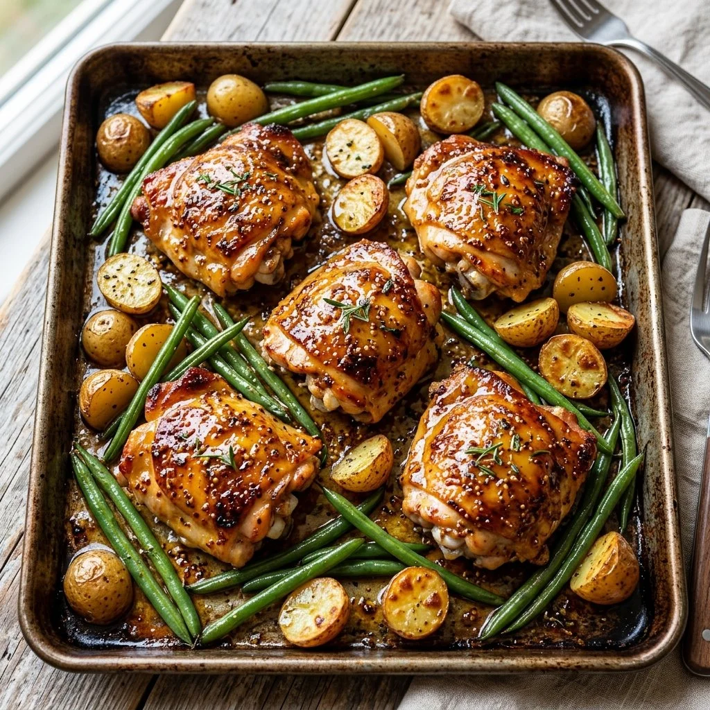 Sheet Pan Honey Mustard Chicken with colorful vegetables on a baking tray