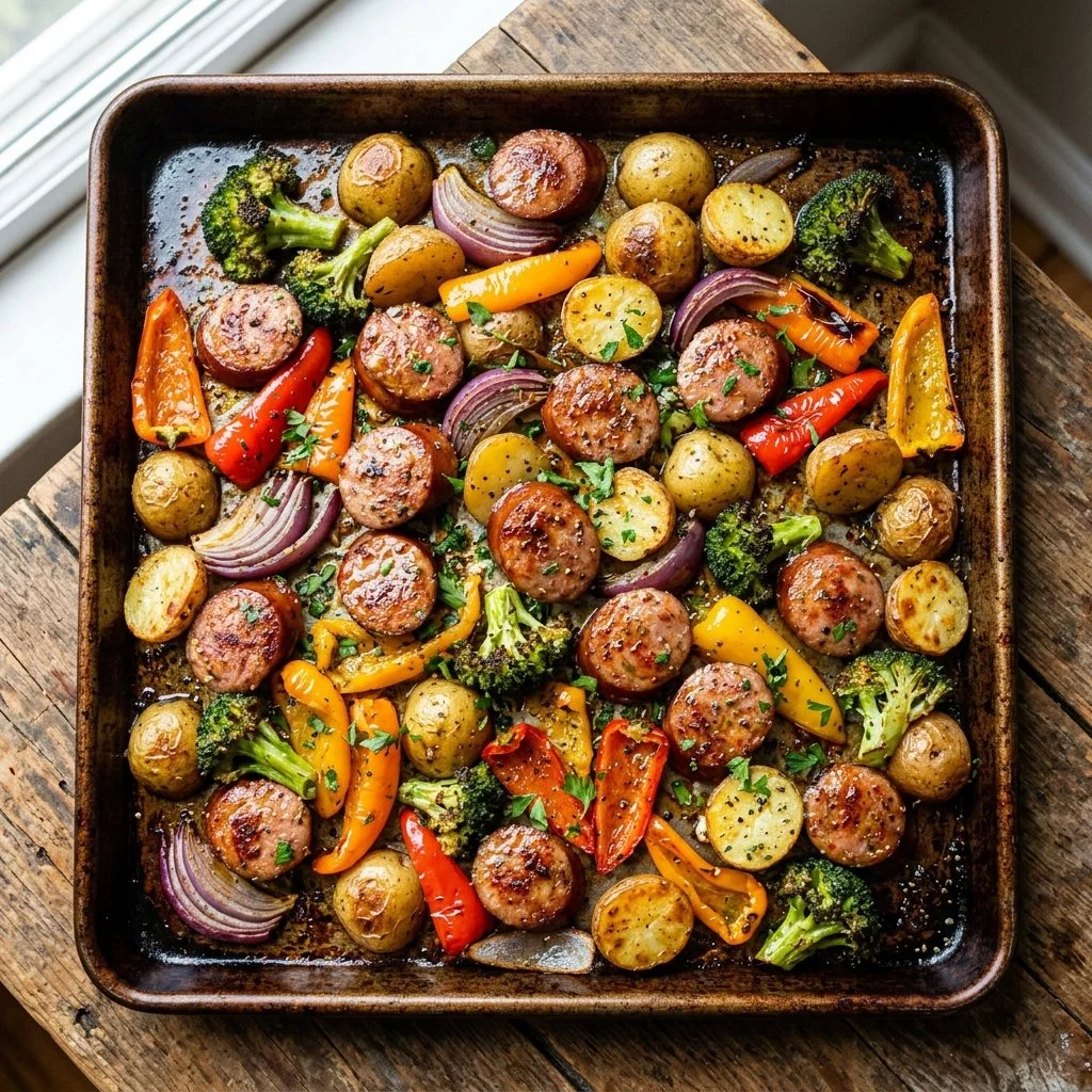 Delicious sheet pan kielbasa with colorful vegetables ready to serve.