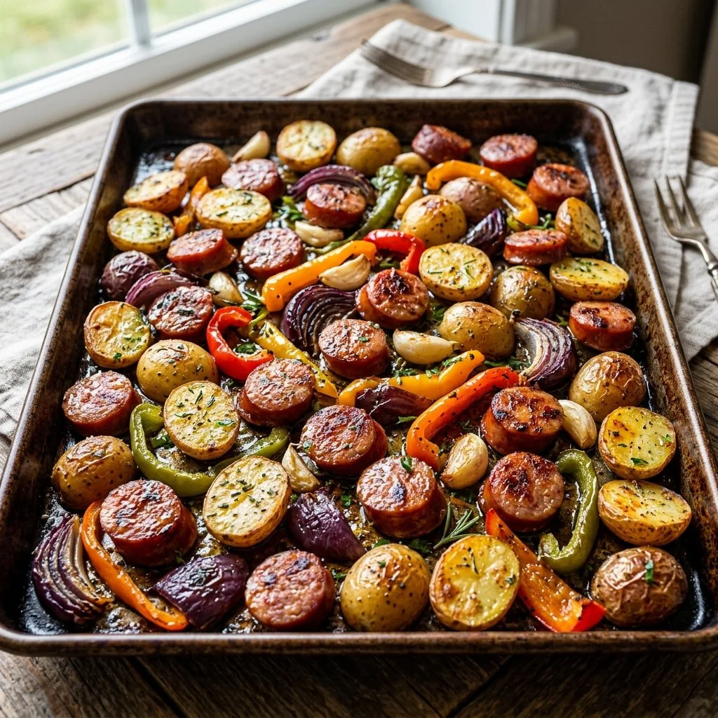 Sheet pan meal featuring kielbasa slices and roasted potatoes.